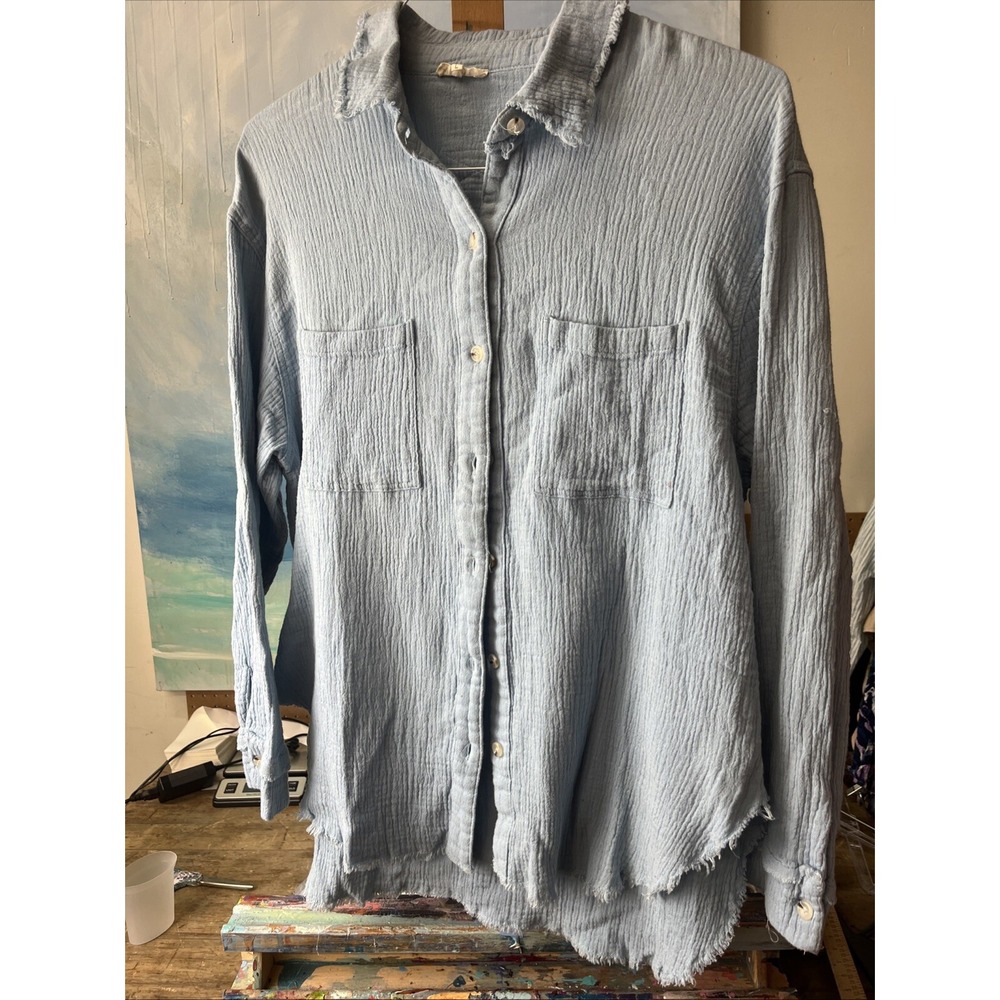 La Miel Lagenlook Blue Slub Cotton Button Up Shirt Size Large Artsy